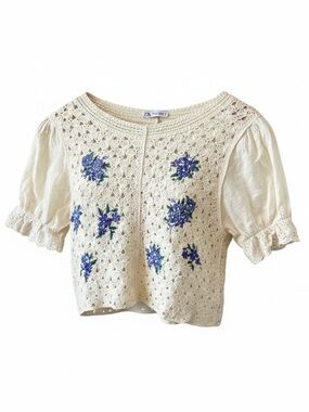 ZARA Cream Crochet Sweater Floral Crop Top Blue Boho Embroidered Small (XS)